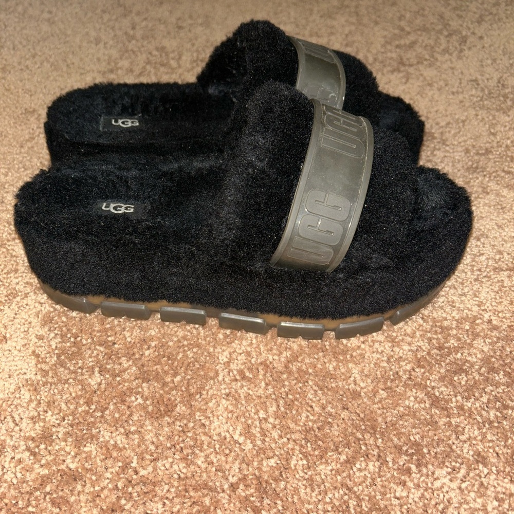 UGG Black Fluffy Slide Sandals with Gray Strap